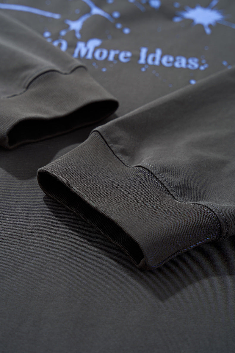 Gray "NO More Ideas" long sleeve graphic tee with pink lettering flat lay