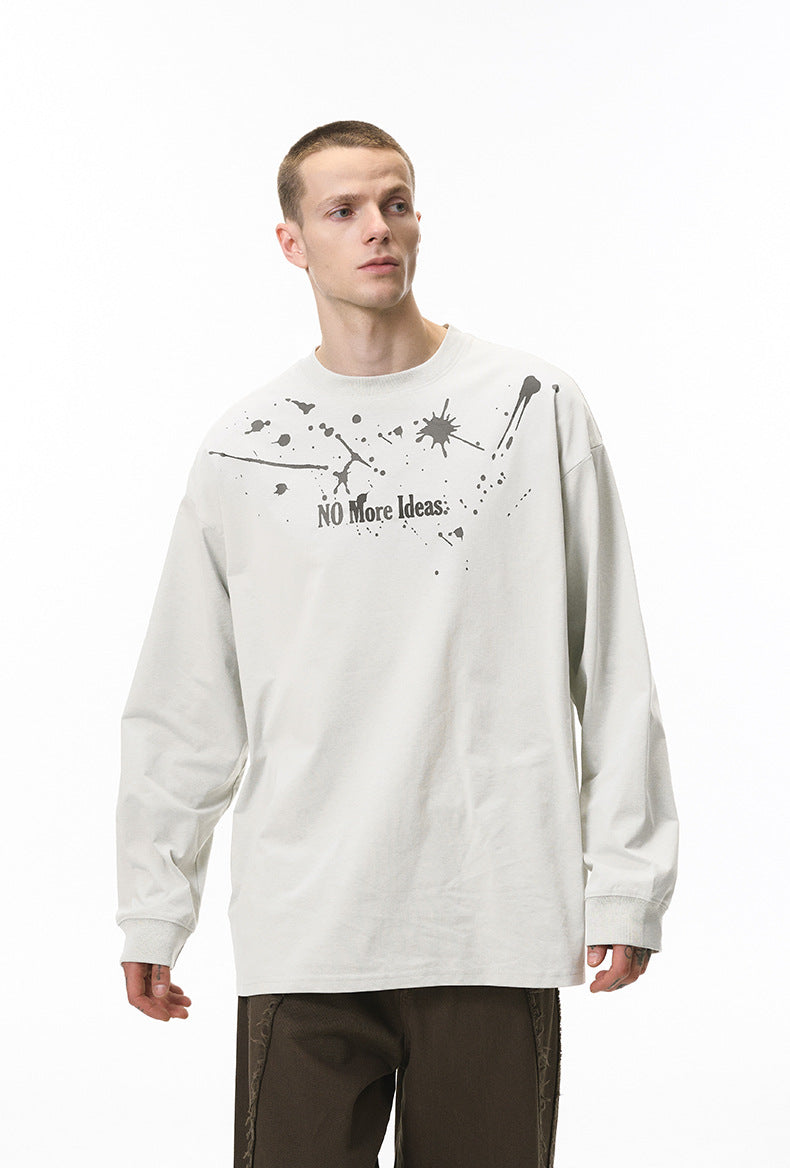 Male model wearing off-white "NO More Ideas" streetwear long sleeve tee