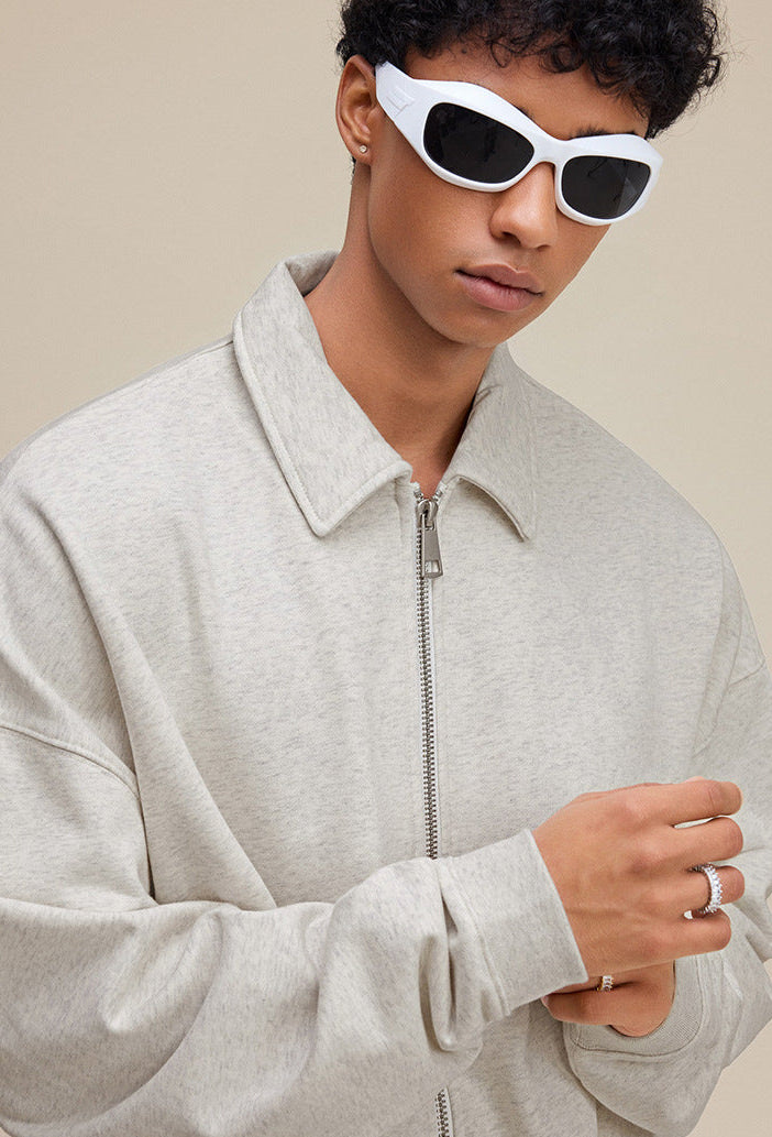 Oatmeal polo zip up, collar and zipper close-up