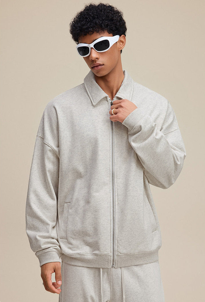 Oatmeal polo zip up, three-quarter pose