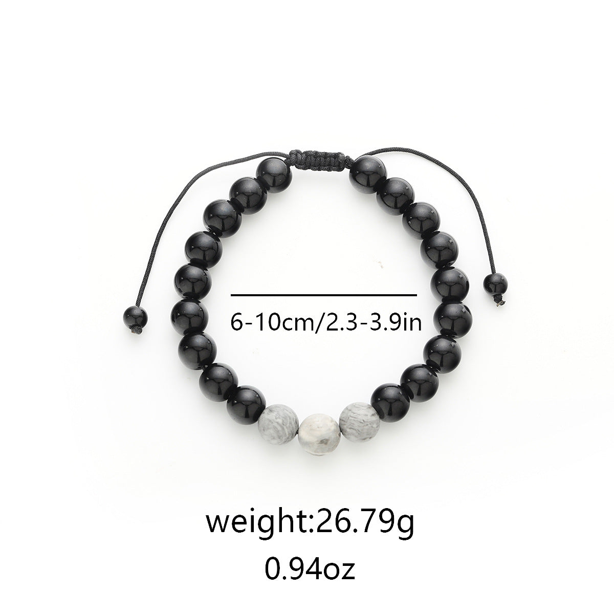 Black gemstone bracelet with size and weight details.