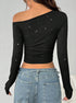 back view off shoulder top, black ribbed knit, long sleeves, cropped hem, slim fit