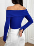 back view of blue off shoulder long sleeve crop top with straight neckline