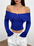 center front, blue off shoulder zip-front crop top, slim fit with ruched waist