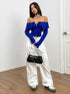 full outfit, blue off shoulder zip-front crop top styled with white trousers
