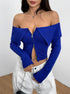 close front angle showing zipper detail on blue off shoulder long sleeve crop top