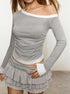 side view close, gray off shoulder long sleeve top, slim fit ruching at waist, contrast cuff