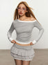 off shoulder top gray with white contrast trim, slim fit knit, front view with tiered mini skirt