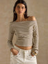 asymmetric off shoulder striped top, right shoulder drape, khaki rib knit, cropped hem