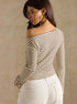 off shoulder top back view, khaki stripe rib knit, long sleeves, slim fit