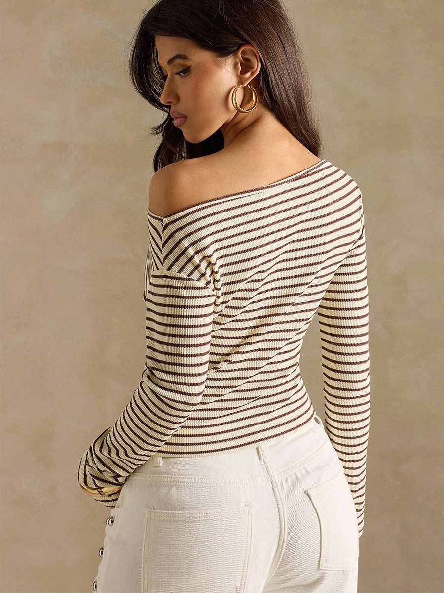off shoulder top back view, khaki stripe rib knit, long sleeves, slim fit