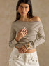 khaki striped off shoulder top front view, rib knit long sleeve, white studded jeans, gold hoop earrings