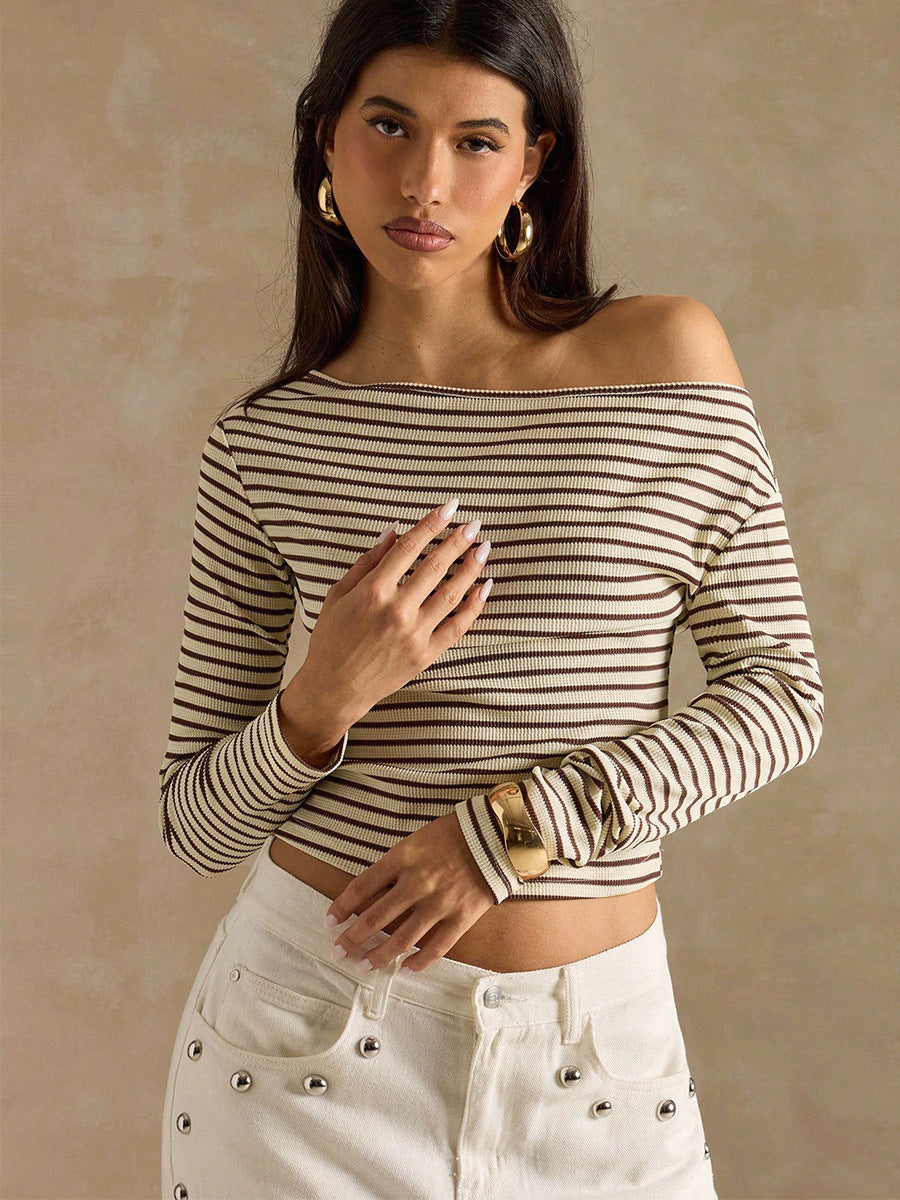khaki striped off shoulder top front view, rib knit long sleeve, white studded jeans, gold hoop earrings