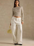 full-length front view off shoulder striped top with white jeans, slim rib knit, khaki stripes