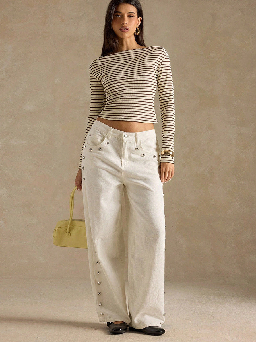 full-length front view off shoulder striped top with white jeans, slim rib knit, khaki stripes