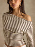 off the shoulder top close-up neckline, khaki cream stripes, rib texture, long sleeve