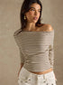 off shoulder striped top three-quarter front, khaki rib knit, slim fit, stay-put neckline