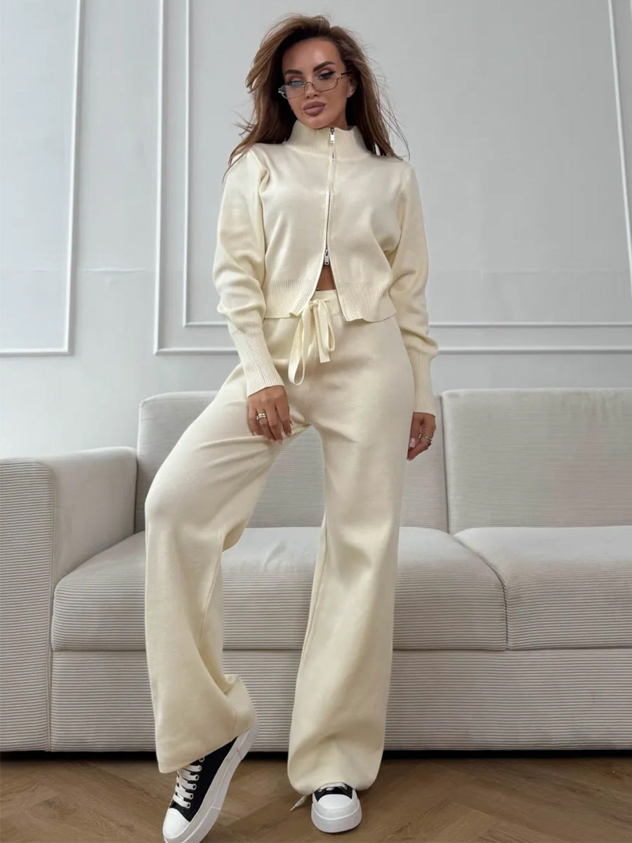 Off-white knit 2 piece set with zip jacket and wide leg pants