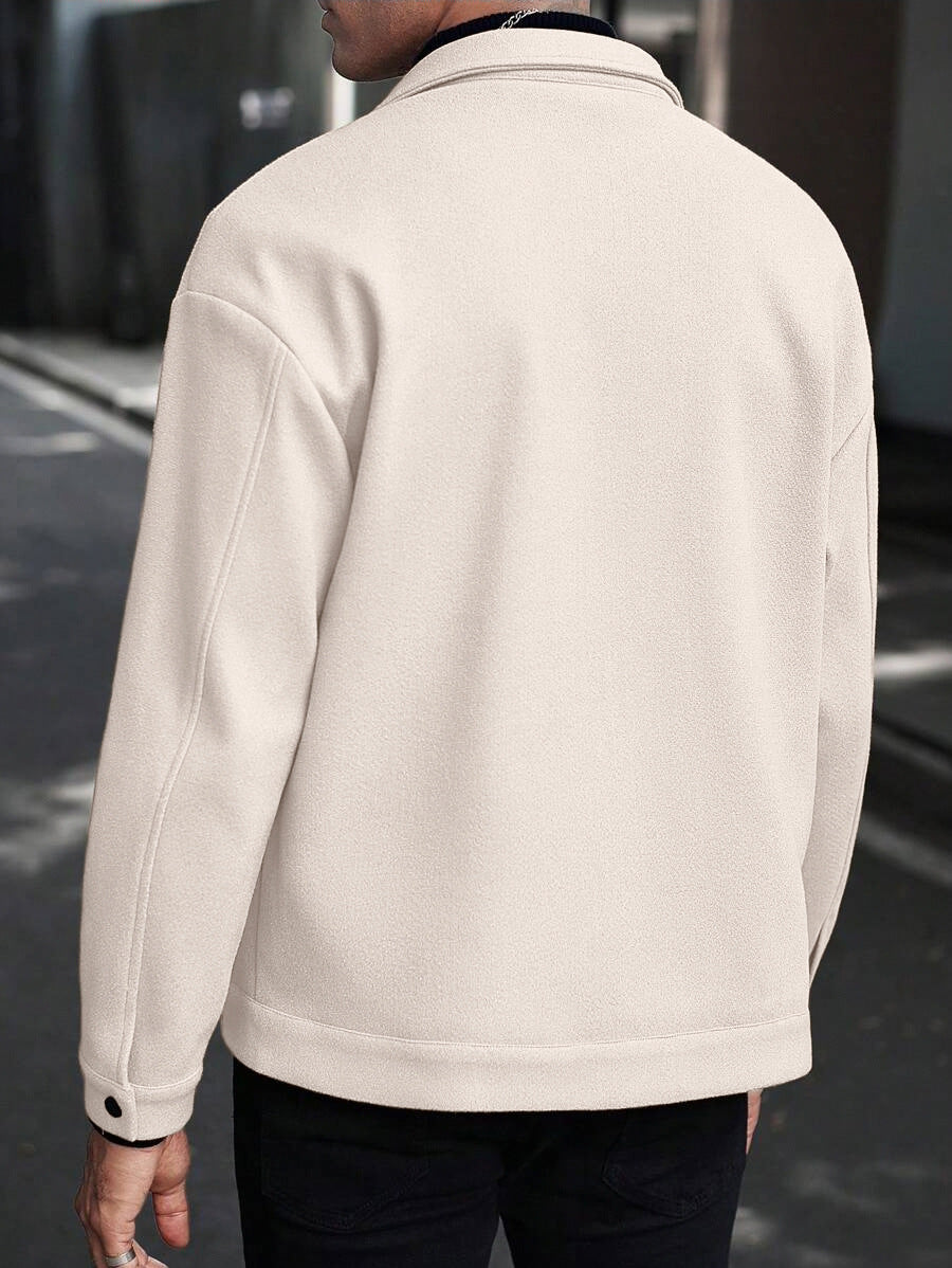 Off-white men’s wool jacket back view outdoors