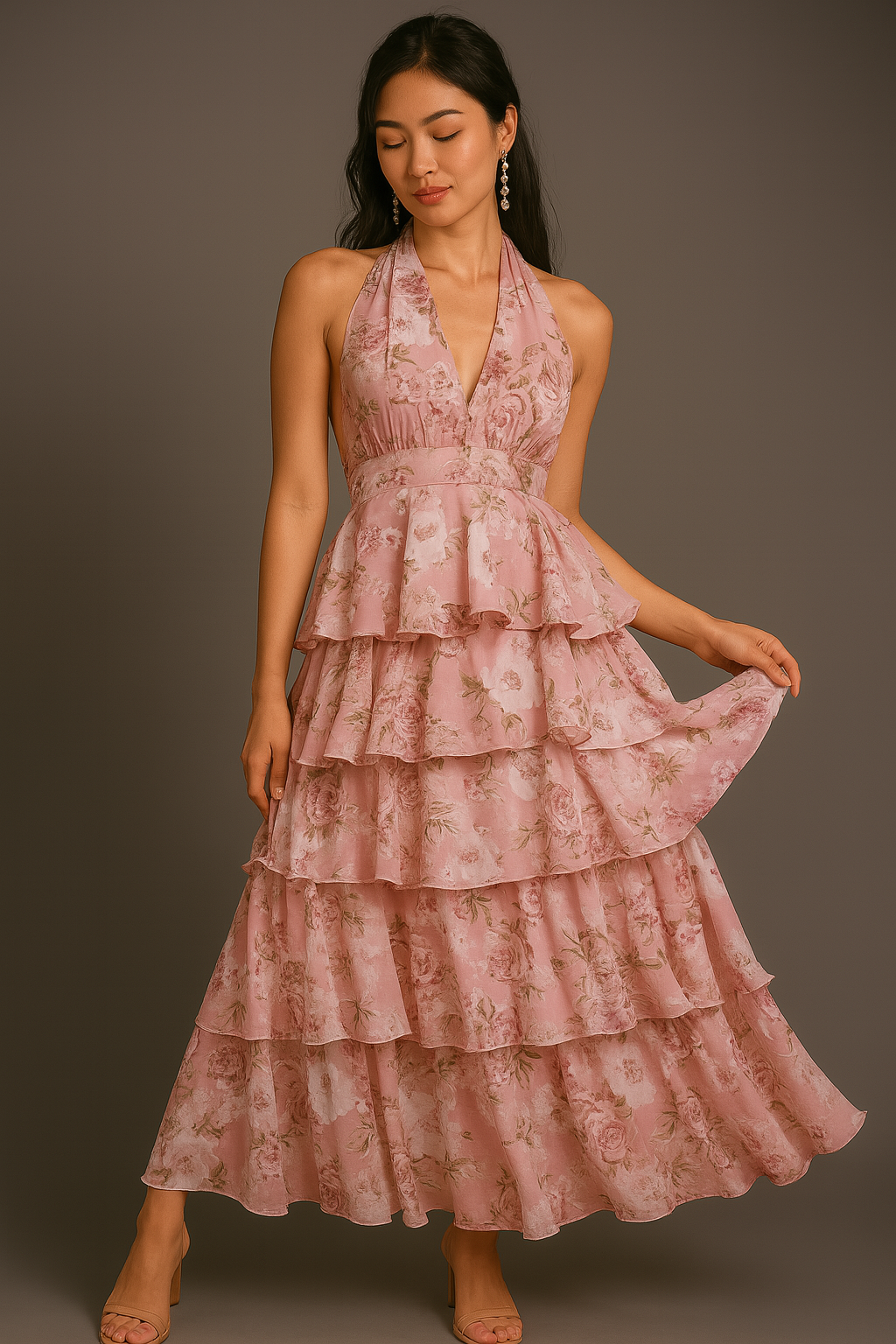 Woman wearing an old rose color halter  floral dress against a gray background
