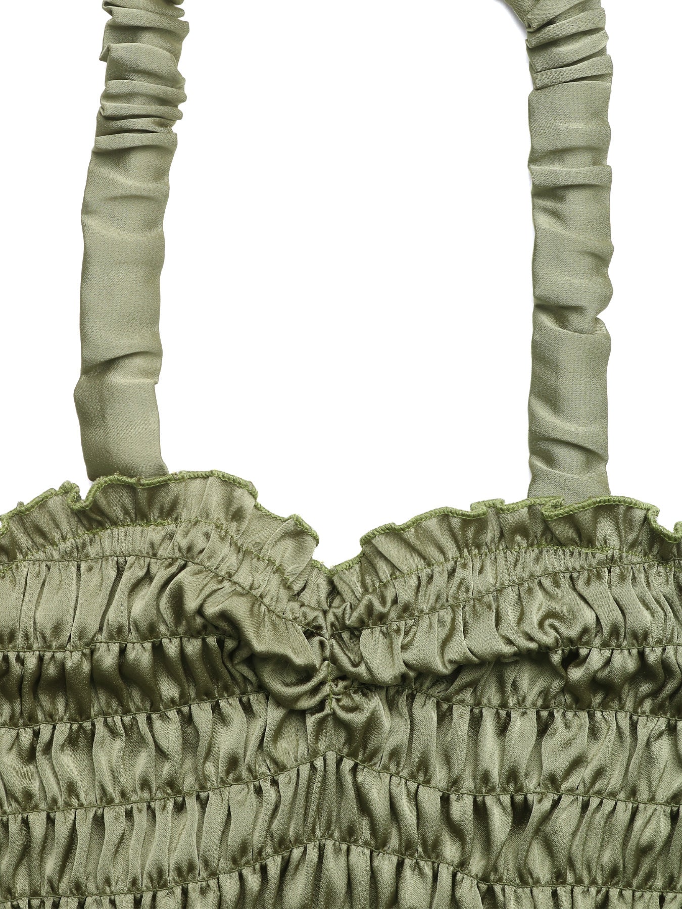Top half of halter crop top showing wide ruched straps