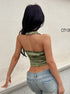 Back view of ruched olive satin halter top with open back