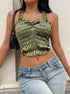 Front close-up of ruched olive satin halter crop top