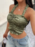 Side angle of ruched satin halter top with wide straps