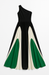 One-shoulder maxi dress with black, green, and white color block design on a white background
