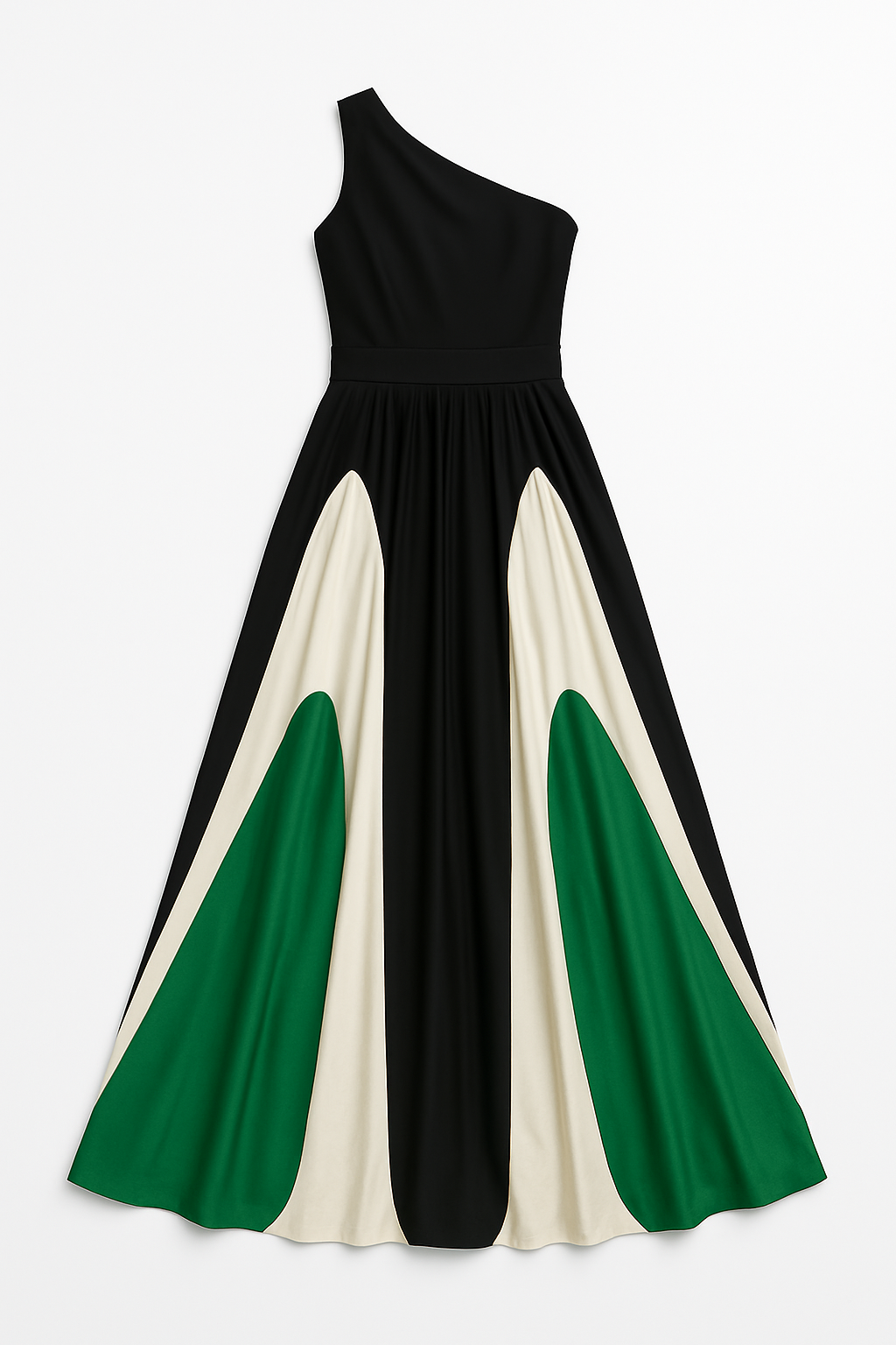 One-shoulder maxi dress with black, green, and white color block design on a white background