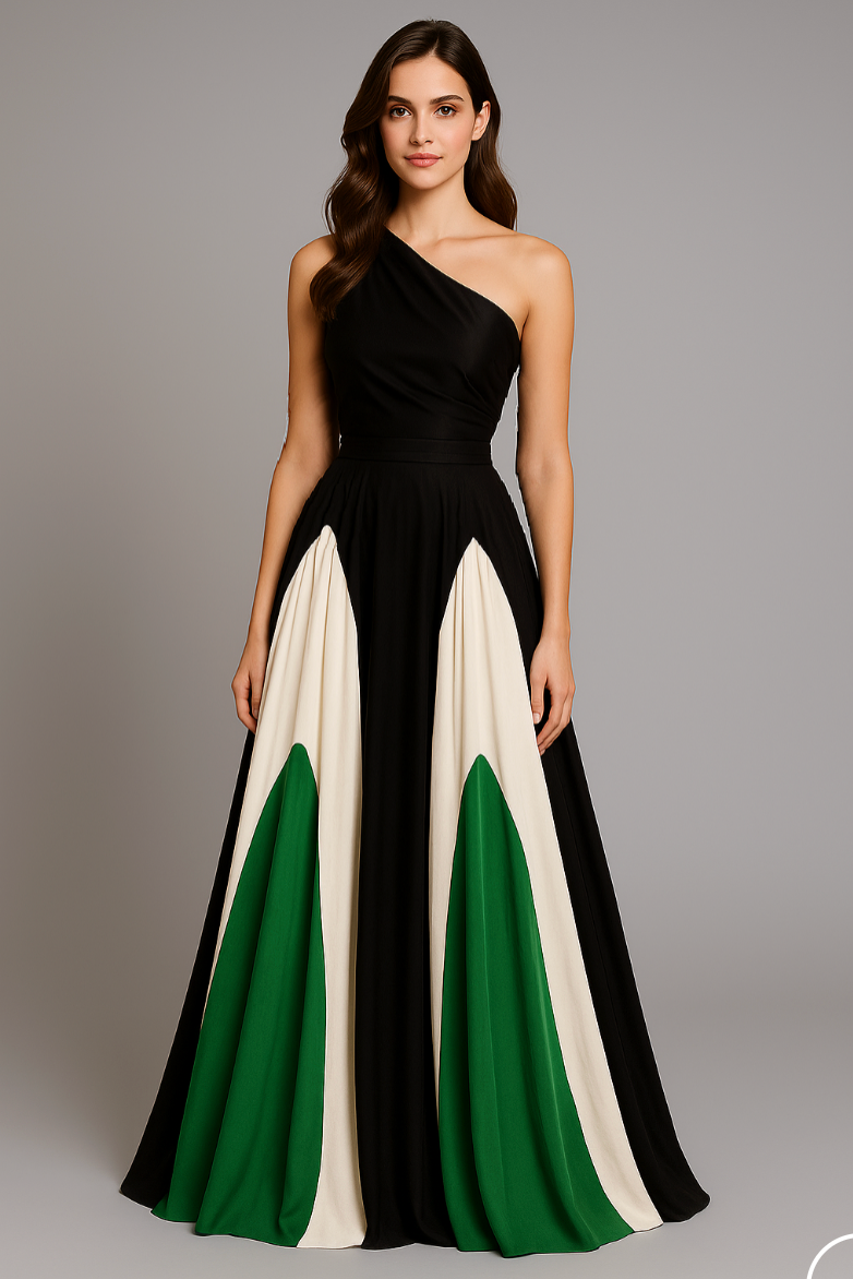 Woman wearing a one-shoulder maxi dress with black, white, and green color block design on a gray background.