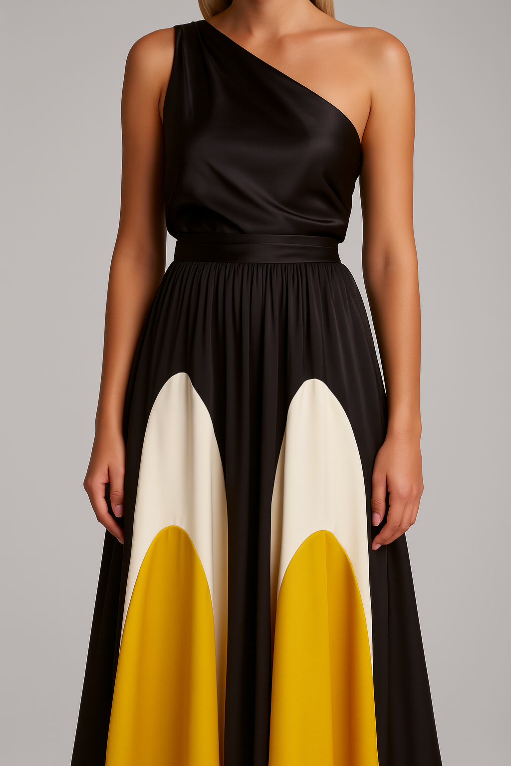 Close up of black one-shoulder dress with white and yellow geometric design on a gray background