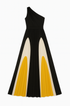 One-shoulder dress with black, yellow, and white color block design on a white background