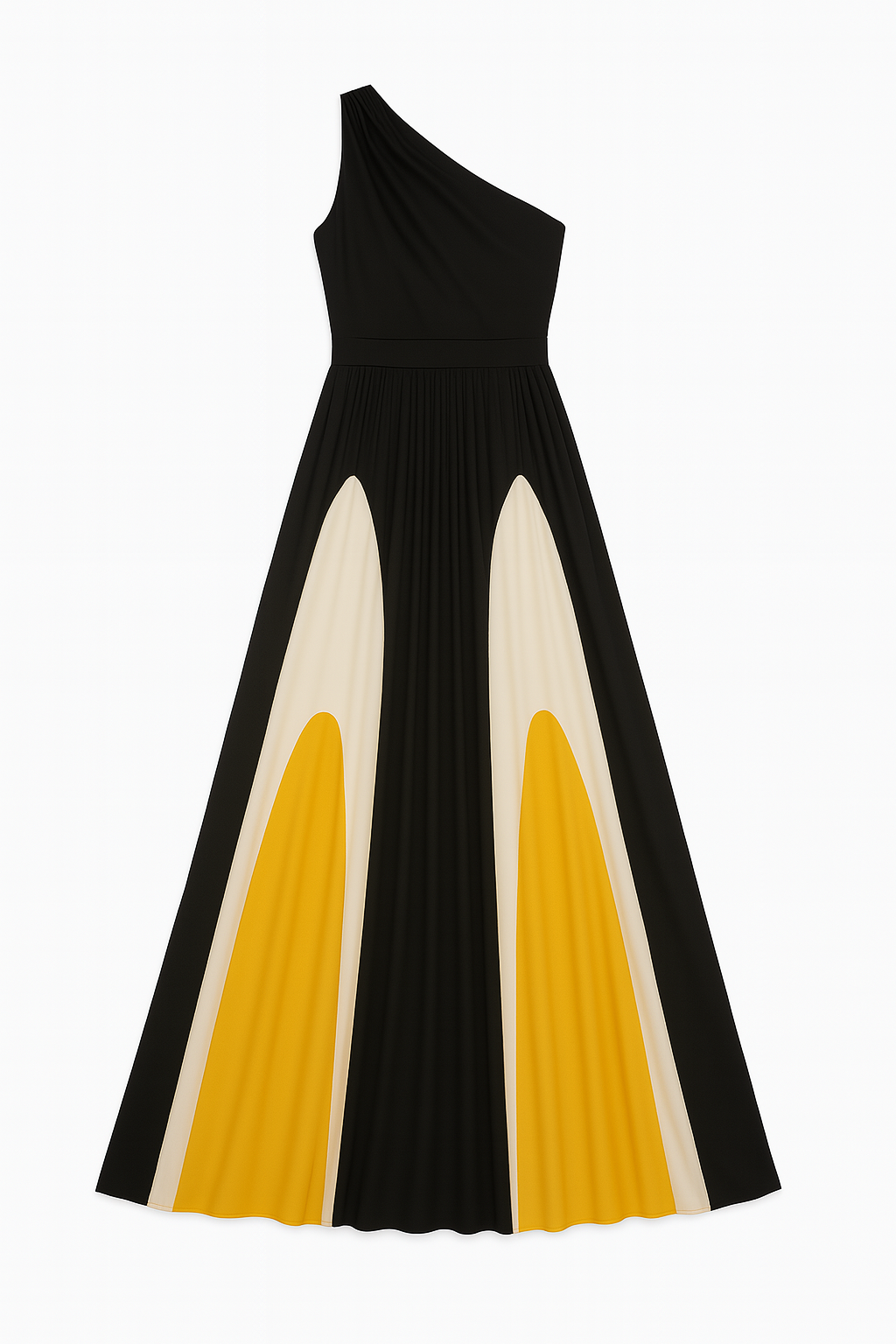 One-shoulder dress with black, yellow, and white color block design on a white background