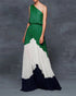 Green, white, and black one-shoulder dress on a gray background