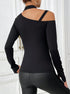 back view of black one shoulder long sleeve top with slim fit knit