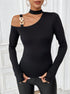 full body front, black one shoulder slim top with choker and hardware strap