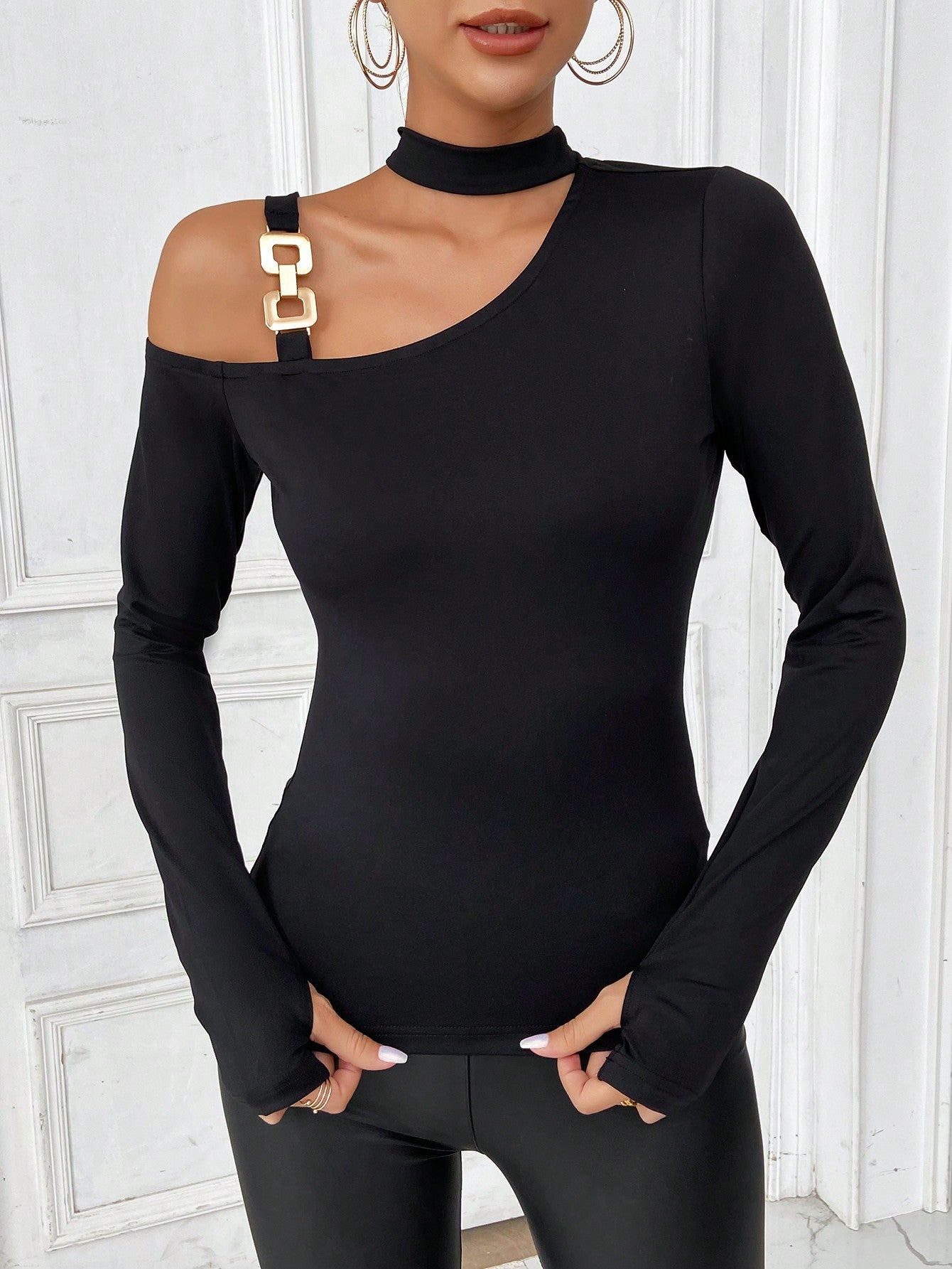 full body front, black one shoulder slim top with choker and hardware strap