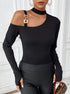 one shoulder long sleeve top in black with metal strap and choker, slim fit front view