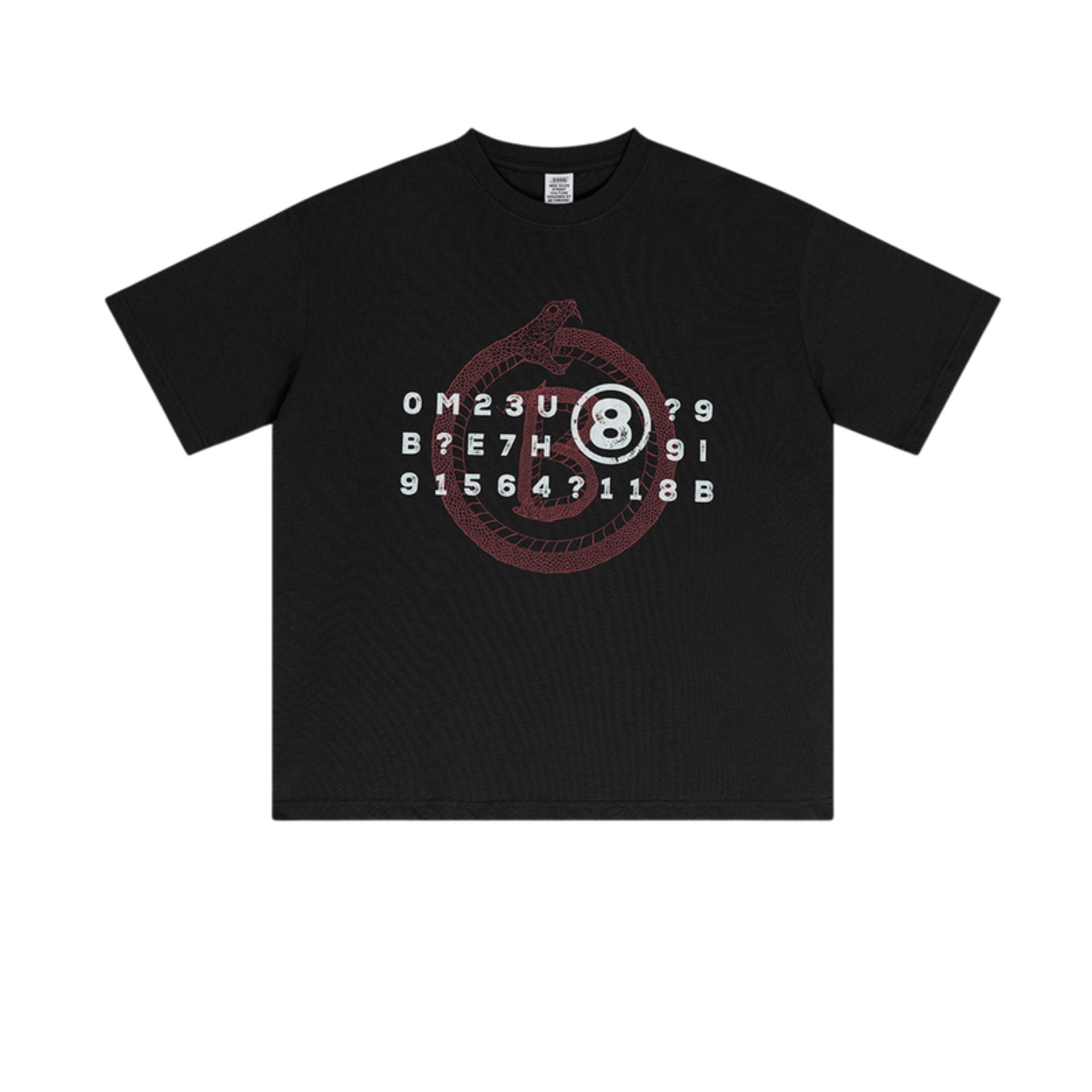 Flat lay of black graphic tee with Ouroboros and 8-ball print