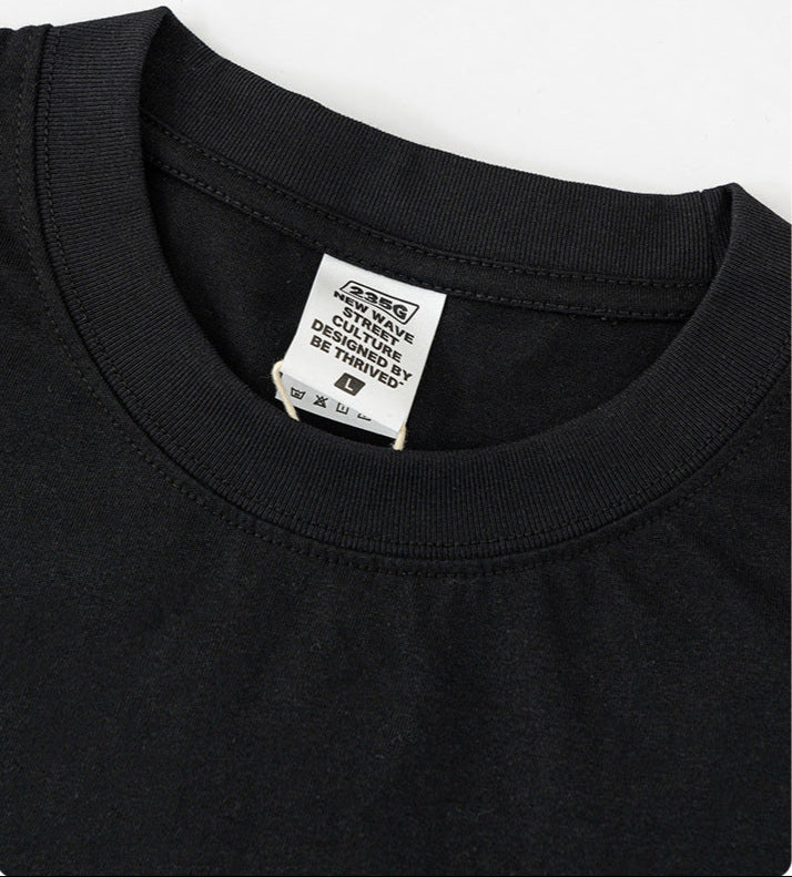 Close-up of black tee collar and label