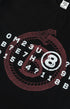 Detailed view of Ouroboros and 8-ball graphic print on black tee