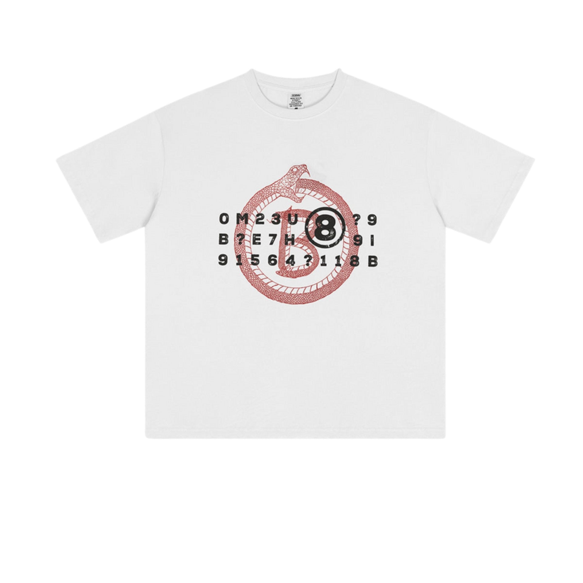 White t-shirt with red Ouroboros and black 8-ball graphic surrounded by cryptic alphanumeric code.