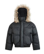 Front view studio shot of a black oversized channel-quilted puffer jacket with plush faux fur hood trim on a white background.