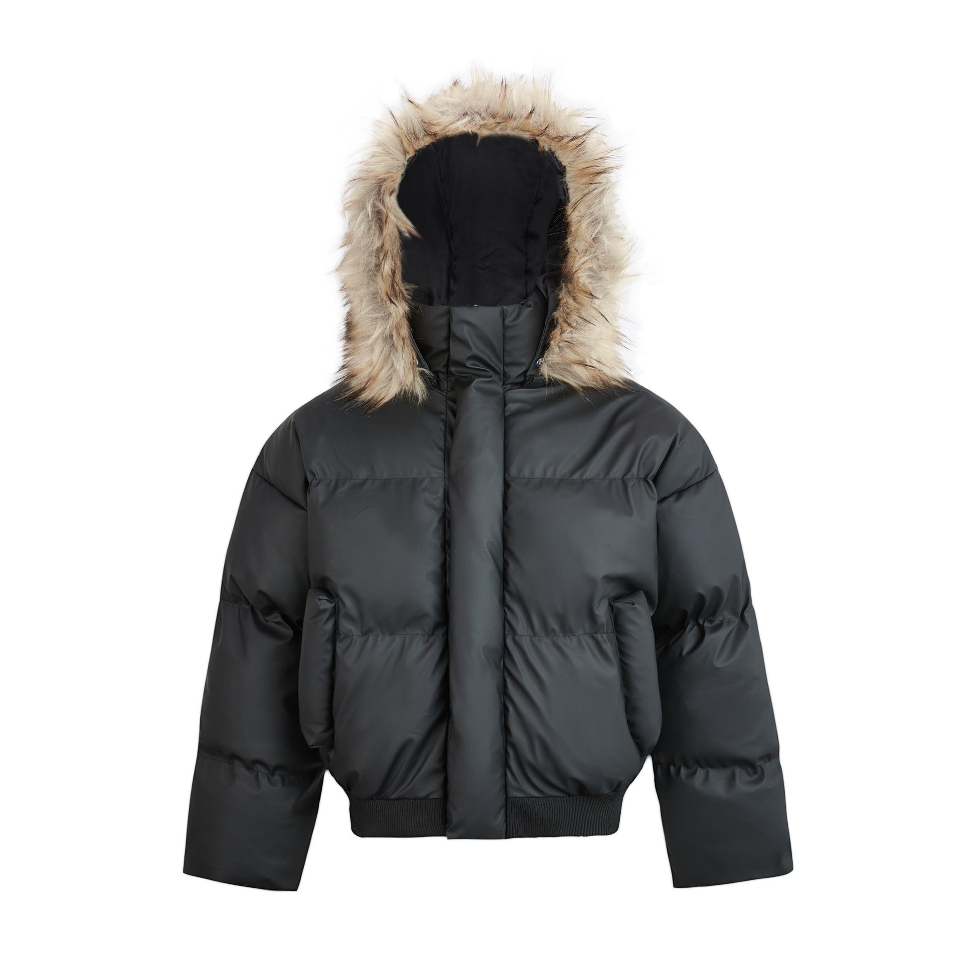 Front view studio shot of a black oversized channel-quilted puffer jacket with plush faux fur hood trim on a white background.