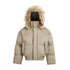 Front view studio shot of a khaki oversized channel-quilted puffer jacket with faux fur trim hood on a white background.