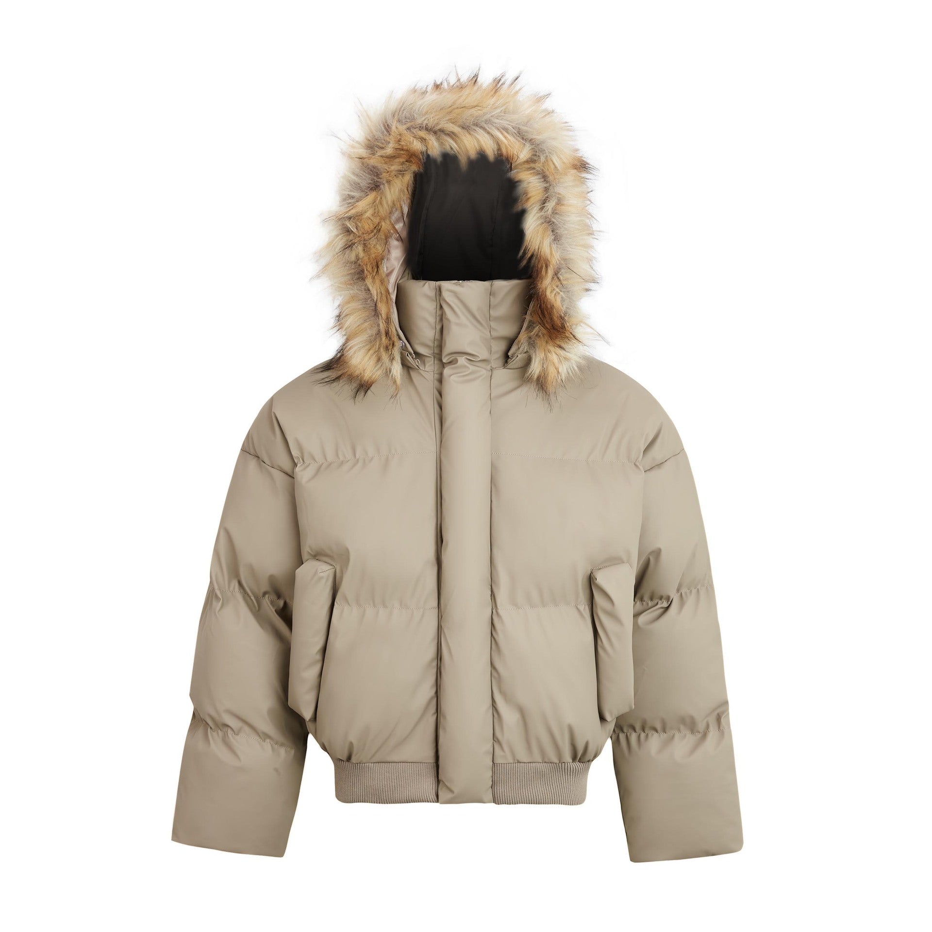 Front view studio shot of a khaki oversized channel-quilted puffer jacket with faux fur trim hood on a white background.