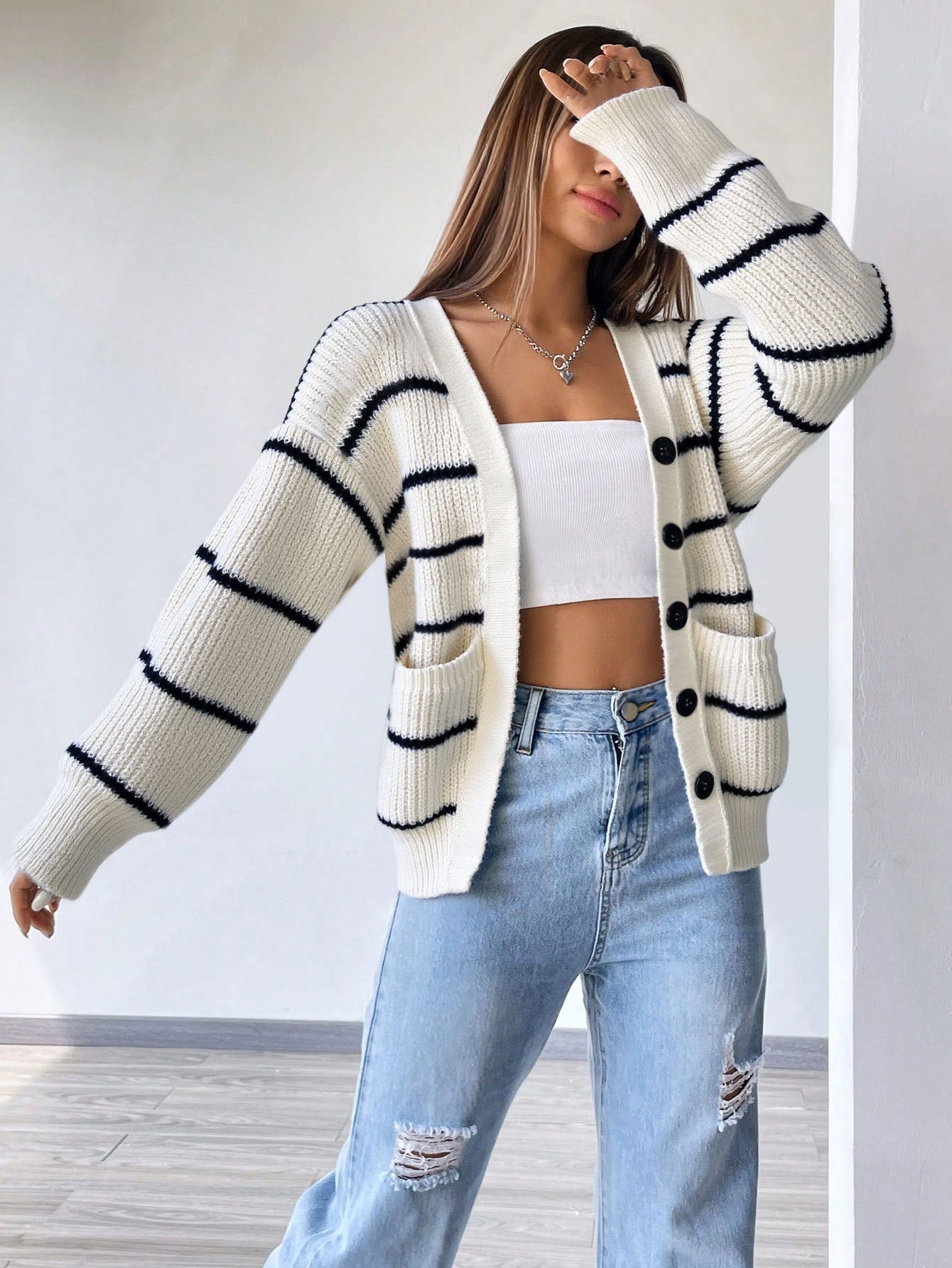 oversized white striped cardigan fall street style