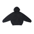 Product flat lay of black 100% cotton air layer oversized zip up hoodie with hood and front pockets.