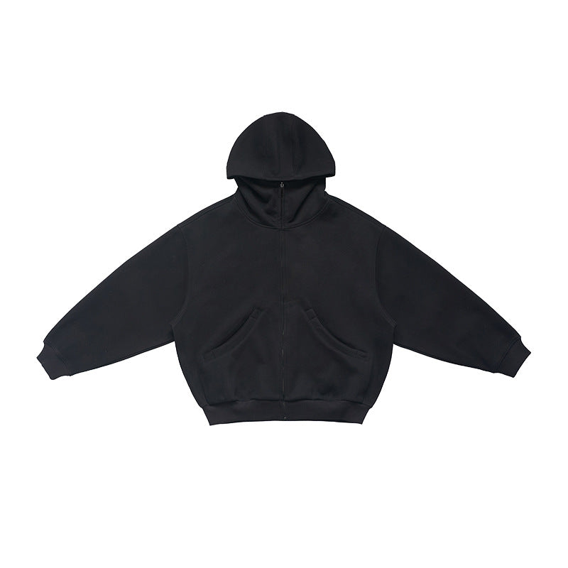 Product flat lay of black 100% cotton air layer oversized zip up hoodie with hood and front pockets.